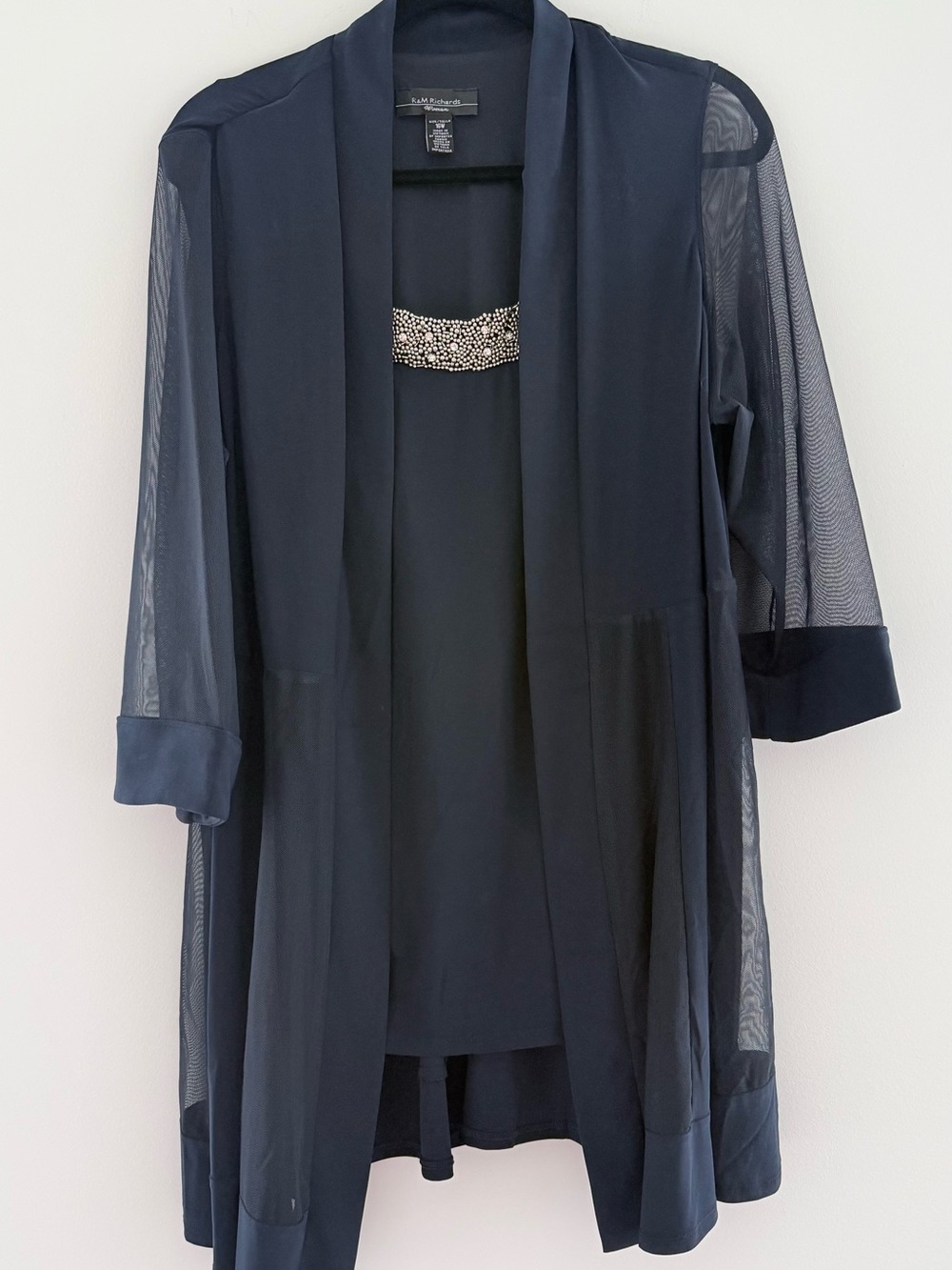 R&M Richards Navy Beaded Collar Overlay Jacket and pants set
